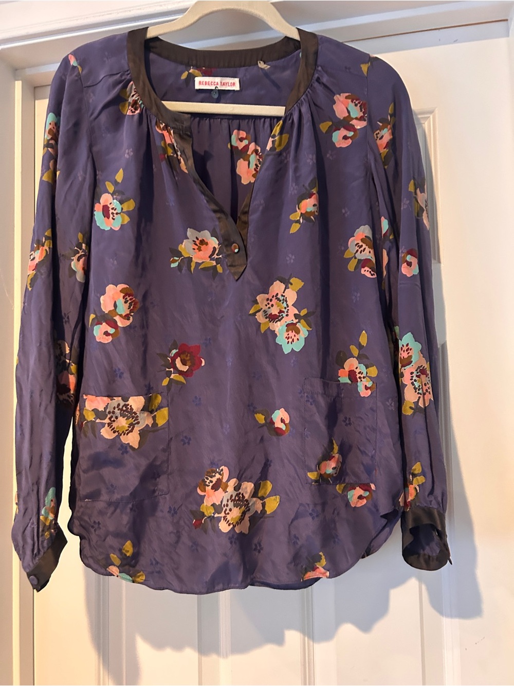 Rebecca Taylor Violet Floral Split-Neck Blouse